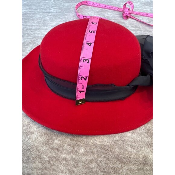 Vintage Red Wool Felt Hat Black Sheer Ribbon Bow XS Made in USA - Picture 8 of 8